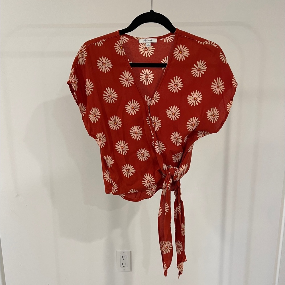 Madewell Red Floral Print Wrap Top Short Sleeve